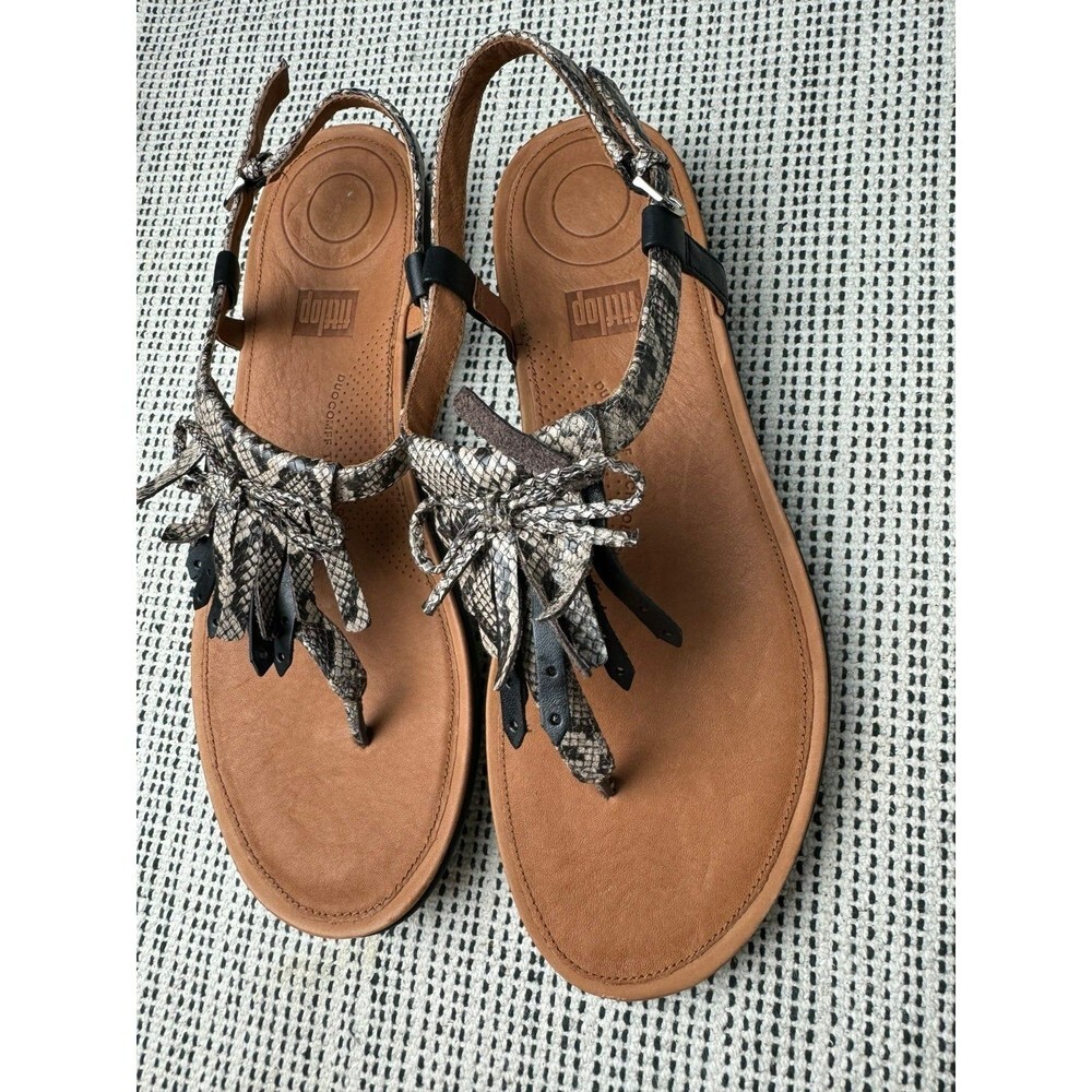 Fitflop Womens 9 Tia Fringe Thong Sandals Snakeskin Taupe Shoes - Picture 3 of 7